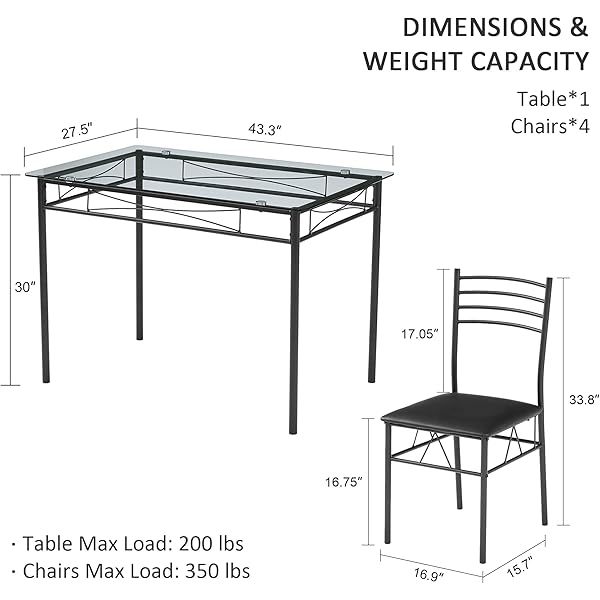 juego de mesa de comedor con mesa de vidrio para 4, Negro