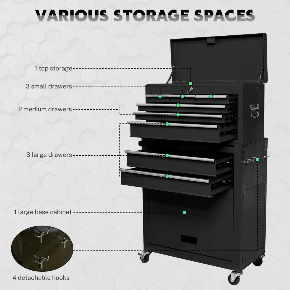Caja y armario para herramientas 2 en 1, caja de herramientas con ruedas de 8 cajones y gran capacidad