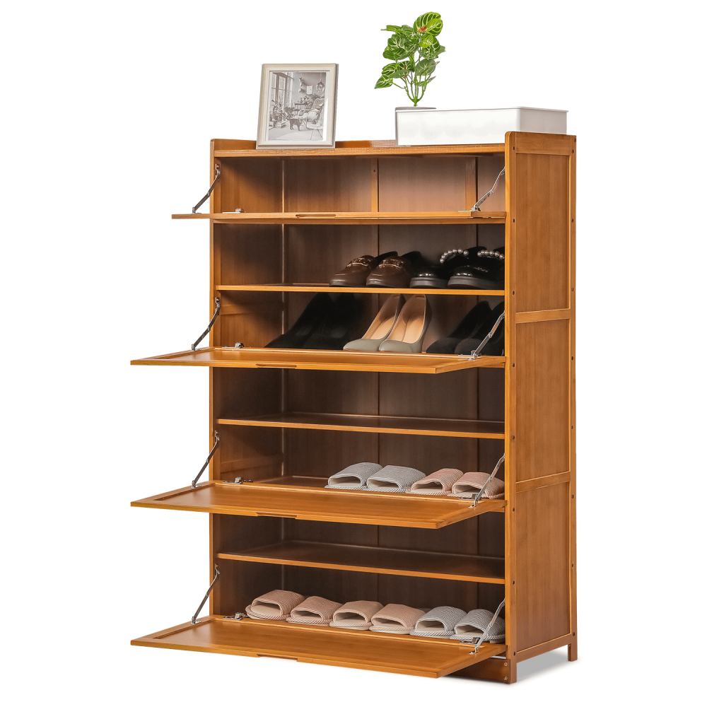 Organizador de zapatos de bambú de 9 niveles, armario moderno con puerta, 41 pares de tacones y botas, marrón
