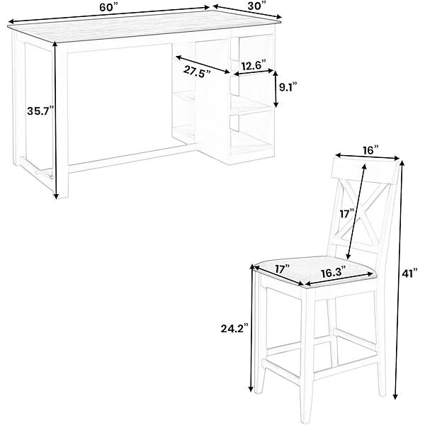 Juego de mesa de comedor de altura de mostrador con 4 sillas, mesa de cocina de madera maciza con gabinete de almacenamiento y cajón, tablero de mesa de mármol sintético, color negro