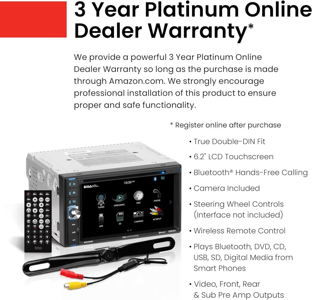 Sistema estéreo de coche - Doble DIN de 6.2 pulgadas, visualización táctil, audio Bluetooth y unidad principal de llamadas, entrada auxiliar, USB, SD, reproductor de CD, receptor de radio AM/FM, cámara de respaldo