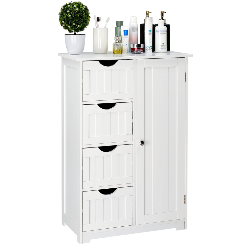 Mueble de baño de madera, organizador de almacenamiento lateral con 4 cajones, 1 armario y 2 estantes, color blanco