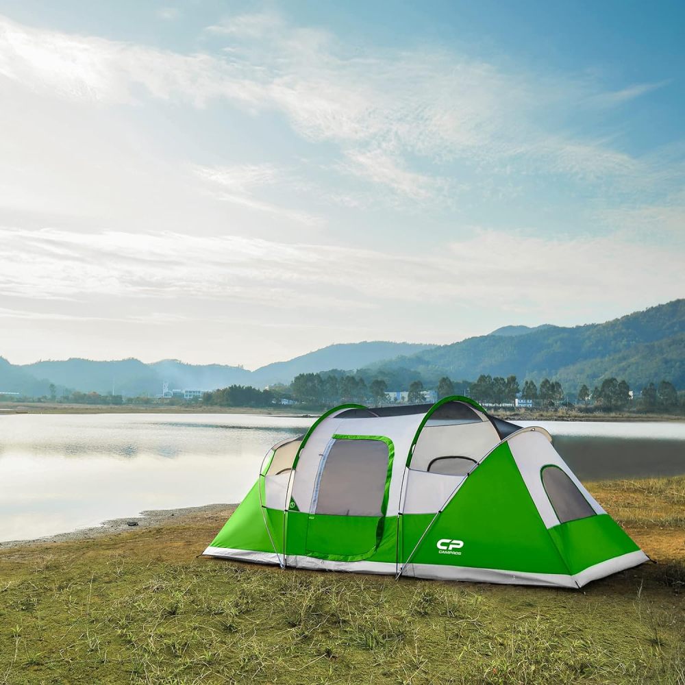 CAMPROS CP - Tienda de campaña para 9 personas, resistente al agua para 2 habitaciones, con mosca superior, 4 ventanas de malla grandes, doble capa, fácil de instalar, portátil con bolsa de transporte