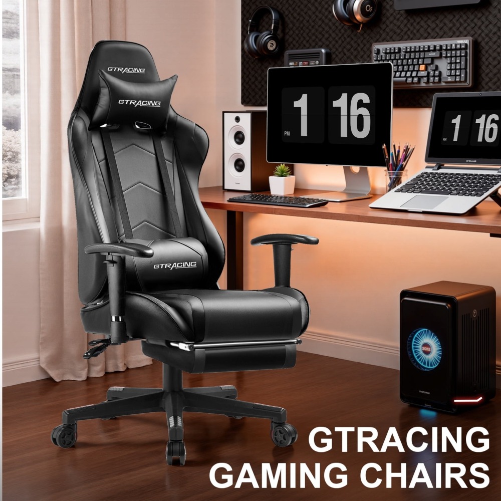 Silla gaming, silla ergonómica de escritorio con soporte lumbar, cuero sintético, reposapiés y reposacabezas ajustable.