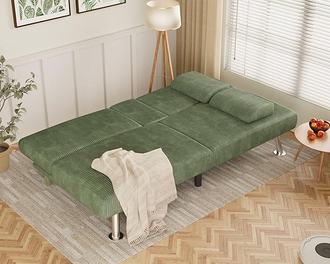 Futón sofá cama, sofá plegable de pana ajustable, sofá cama para apartamentos pequeños, juego de muebles tapizados para sala de estar con 2 soportes para tazas (verde)