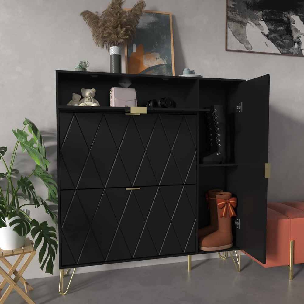 Shoes Storage Cabinet with 3 Flip Drawers & Boot Rack,Freestanding Modern Shoes Organizer with Metal Legs, Black Entryway Shoe