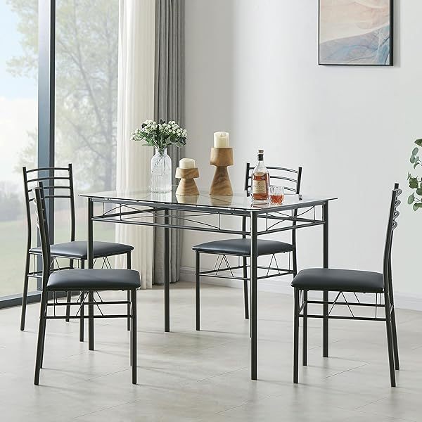 juego de mesa de comedor con mesa de vidrio para 4, Negro