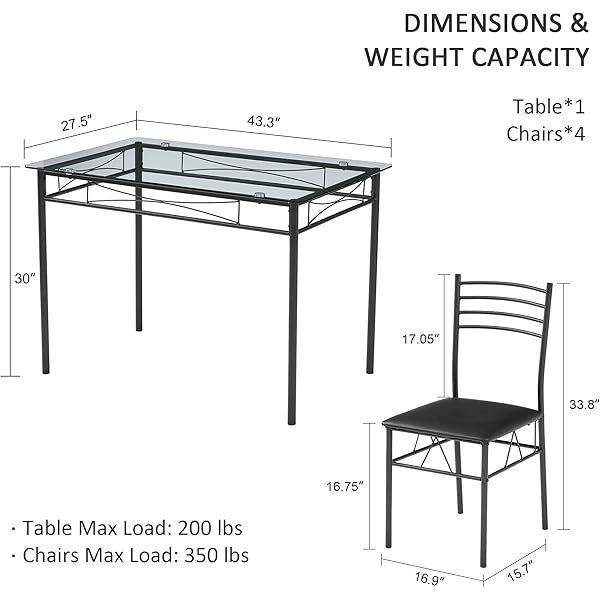 juego de mesa de comedor con mesa de vidrio para 4, Negro