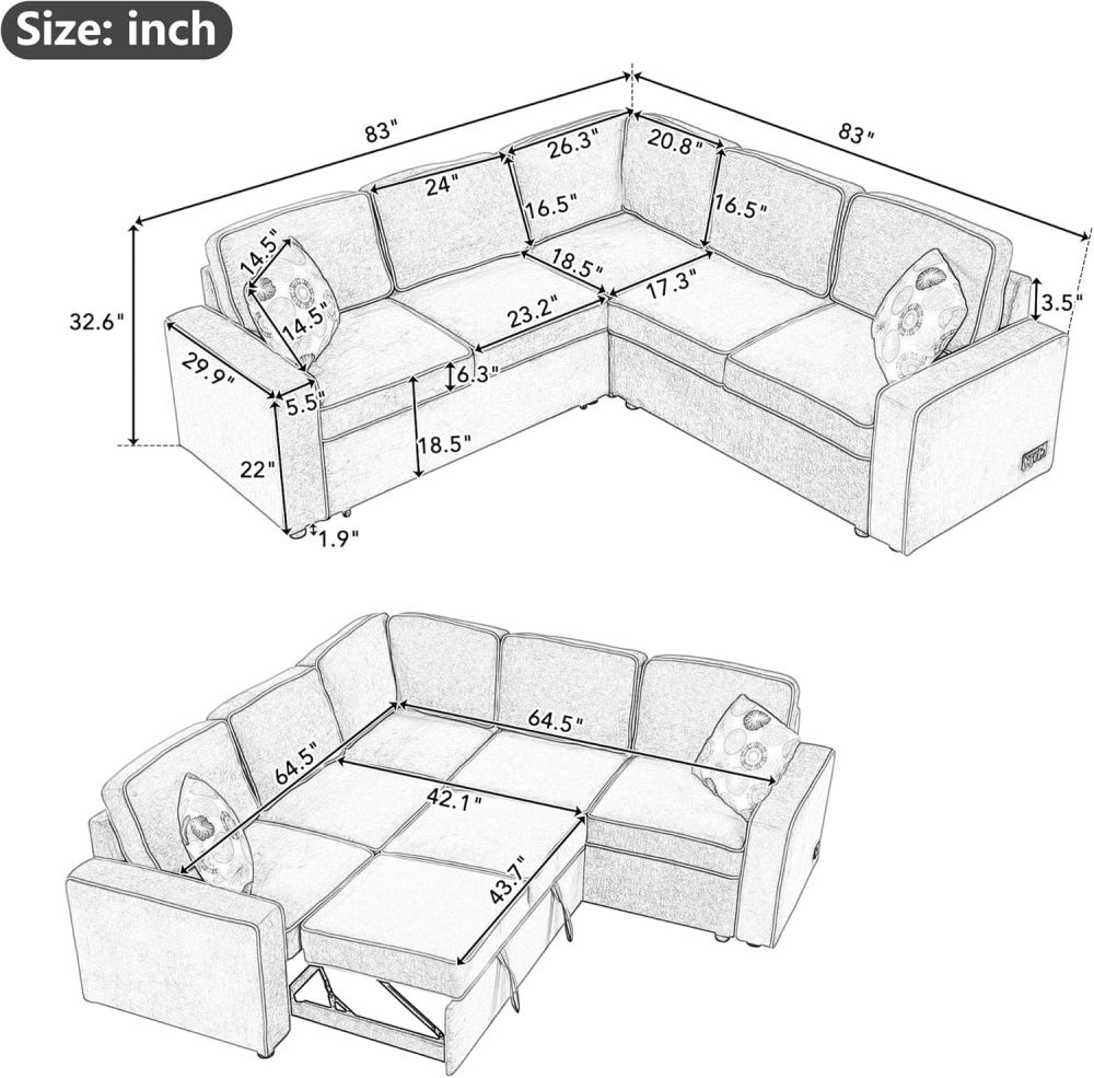 Sofá seccional convertible, sofá cama extraíble con 3 almohadas y 2 puertos USB