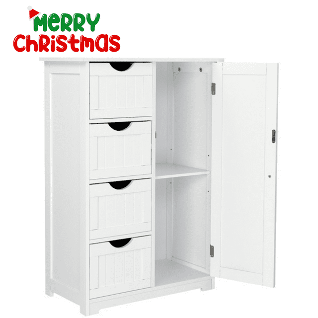 Mueble de baño de madera, organizador de almacenamiento lateral con 4 cajones, 1 armario y 2 estantes, color blanco