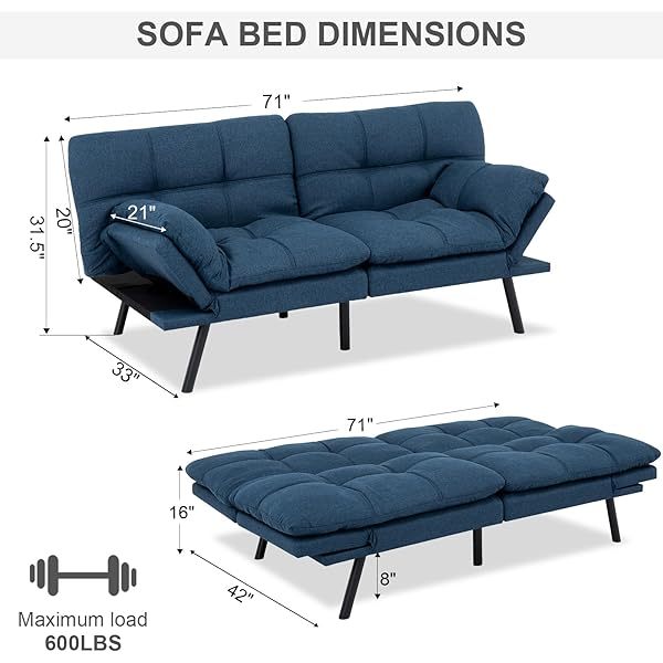 Sofá cama futón de espuma viscoelástica ajustable, sofá con respaldo convertible y reposabrazos, futón plegable, moderno futón cama para sala de estar, apartamento, oficina, habitación pequeña, sofá cama de 71 pulgadas, color negro