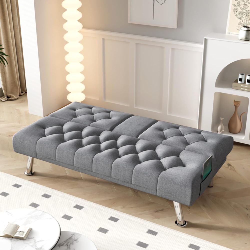 Sofá cama futón, sofá futón plegable convertible tapizado moderno, 2 portavasos, patas de metal