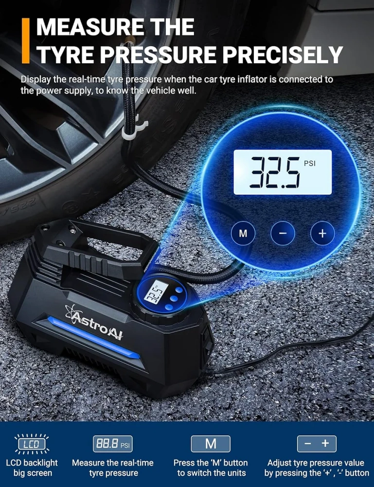 Inflador de Llantas Digital Automatico, Compresor de Aire Portatil para Auto 12V con Bomba Electrico con Pantalla LCD, Luz LED, Kit de Adaptadores y Fusible AMARILLO