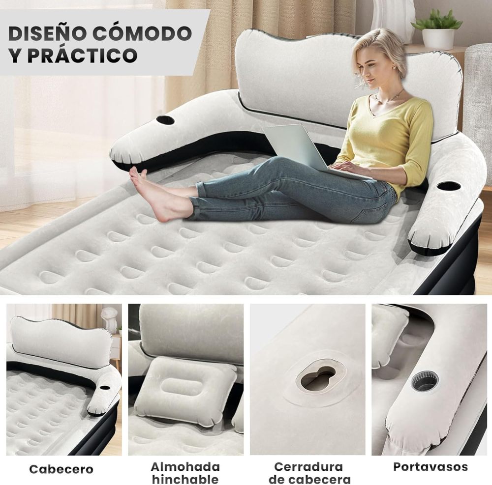 Colchón de Aire Inflable con Cabecero, Bomba de Aire Eléctrica Inalámbrica, 2 Almohada Inflable, Inflado Rápido Automático, Cama Inflable Queen para Hogar, Viajes y Camping