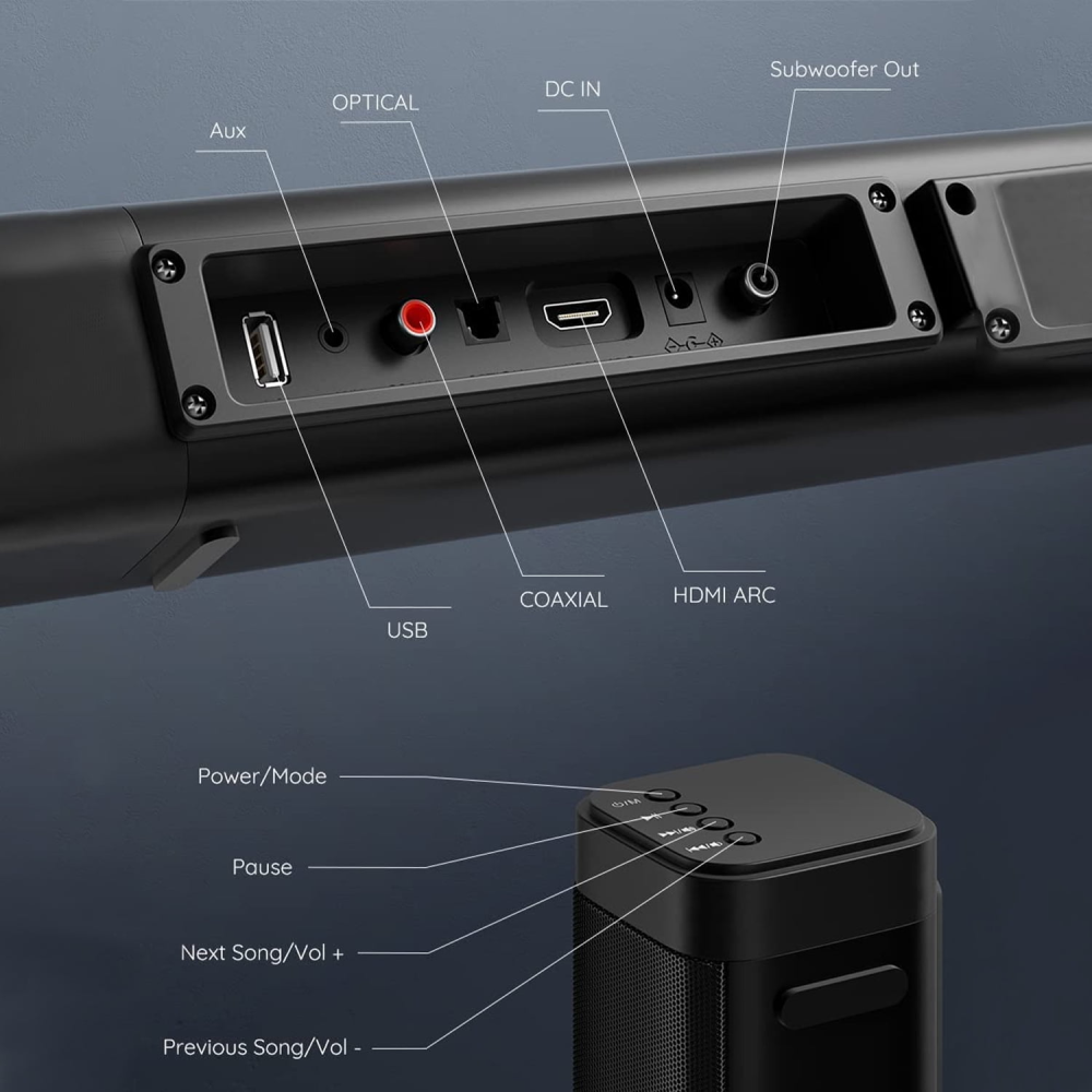 Barra de sonido con subwoofer, barras de sonido separables de 2.1 canales para TV, sonido envolvente 3D opcional, Bluetooth/HDMI-ARC/AUX