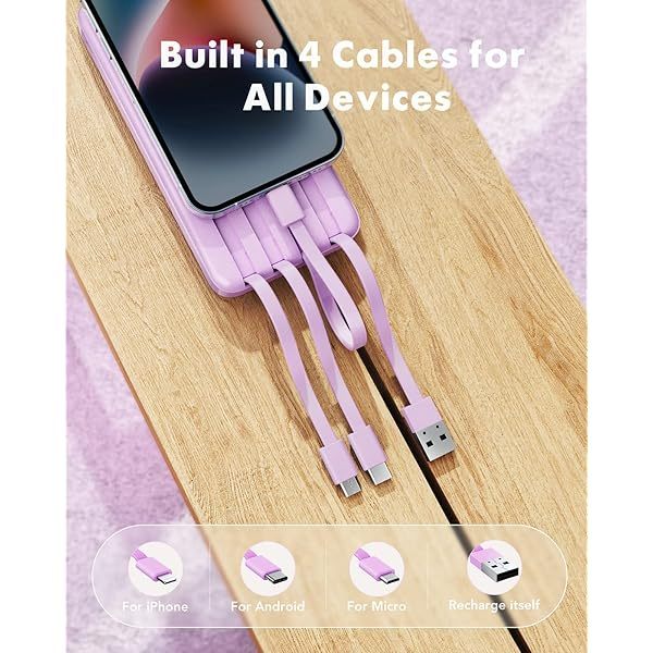Portable Charger with Built in Cables, Portable Charger with Cords Wires Slim 10000mAh Travel Essentials Battery Pack 6 Outputs 3A High Speed Power Bank for iPhone Samsung Pixel LG Moto iPad A-Black