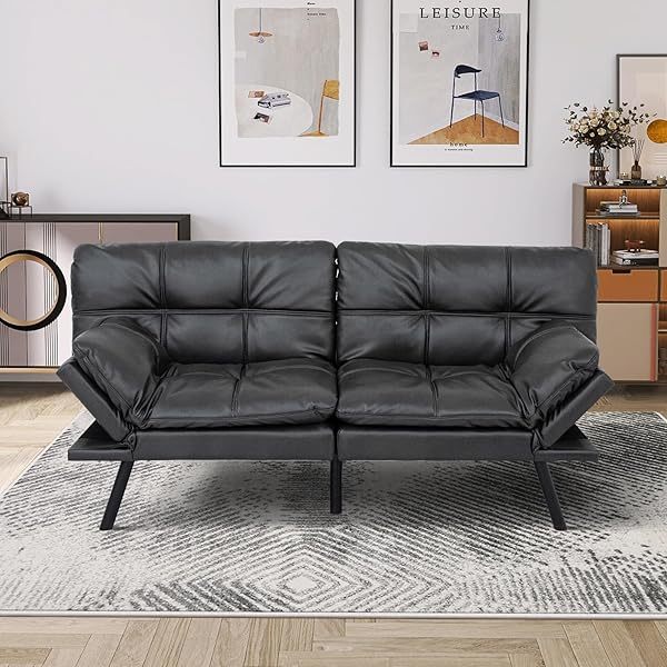Sofá cama futón de espuma viscoelástica ajustable, sofá con respaldo convertible y reposabrazos, futón plegable, moderno futón cama para sala de estar, apartamento, oficina, habitación pequeña, sofá cama de 71 pulgadas, color negro