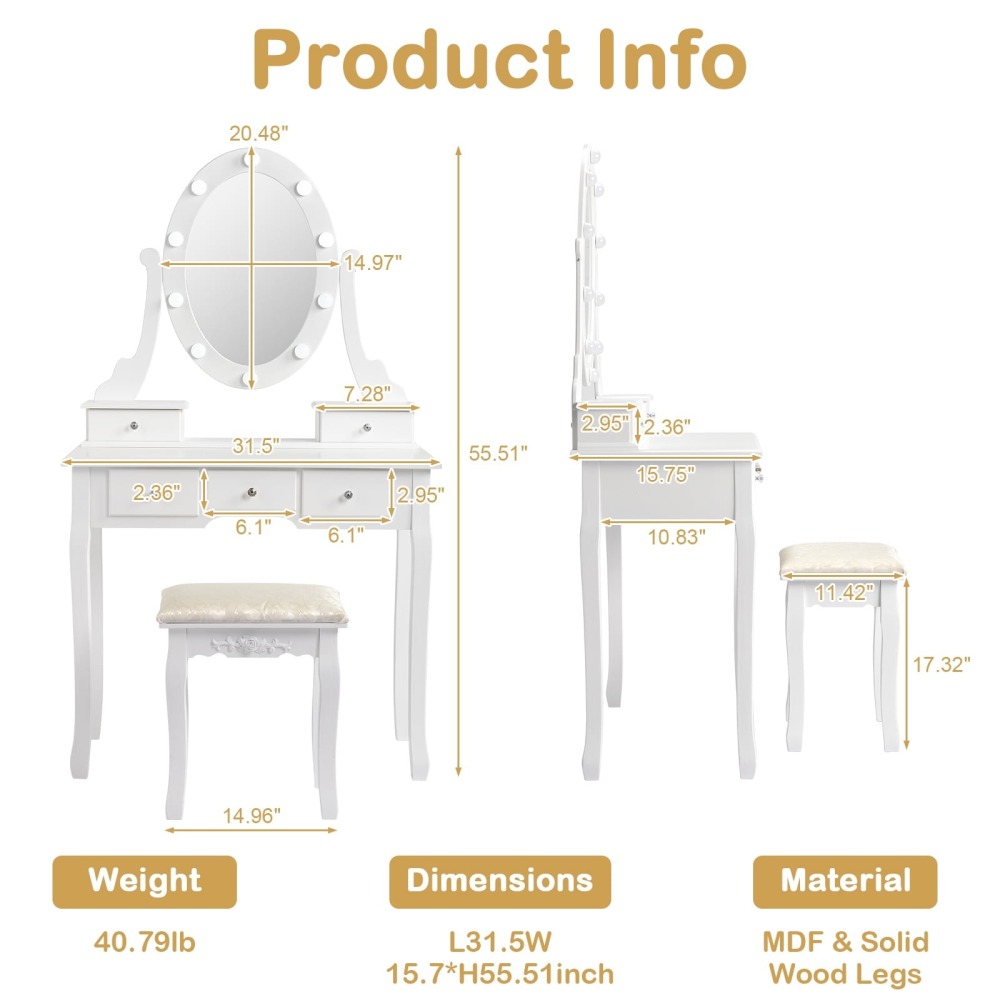 Tocador de Maquillaje con 10 Luces LED - Mesa de Vanity con 5 Cajones + Banco Acolchado - Juego Blanco para Dormitorio