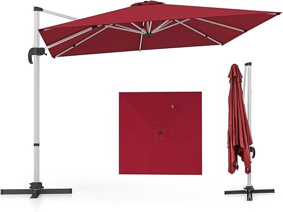 COSTWAY Sombrilla Terraza Exterior rectangular con Base 3x3m, Parasol Jardin Excentrico, Rotación de 360°, Inclinación Ajustable, Guarda Sol Jardin Exterior, Manivela y Base en Cruz