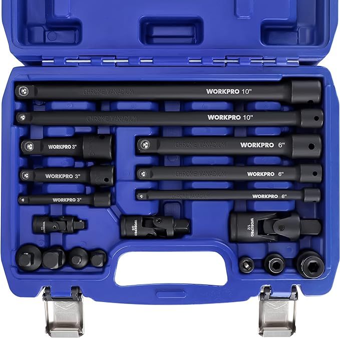 Juego de accesorios de herramientas de accionamiento de 18 piezas, incluye adaptadores de enchufe, barra de extensión de enchufe, juntas universales giratorias y acoplador de impacto, unidad de 1/4", 3/8" y 1/2"