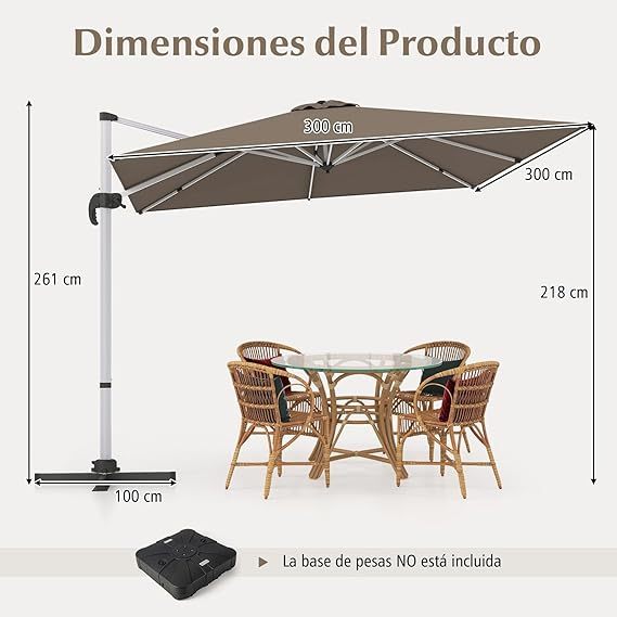 COSTWAY Sombrilla Terraza Exterior rectangular con Base 3x3m, Parasol Jardin Excentrico, Rotación de 360°, Inclinación Ajustable, Guarda Sol Jardin Exterior, Manivela y Base en Cruz
