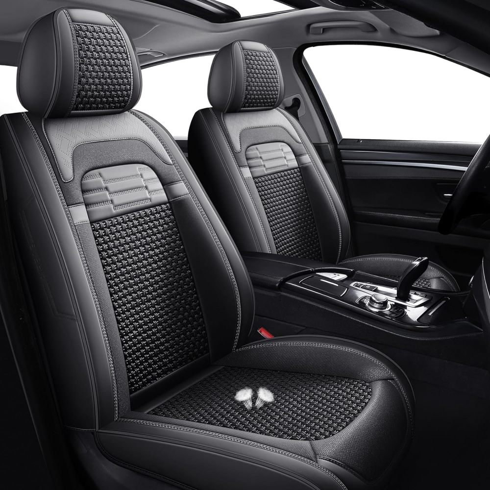 hikeaglauto Juego completo de fundas de asiento de coche, de piel sintética para autos, SUV, súper transpirables, universales, para la mayoría de los sedanes (juego completo, negro)