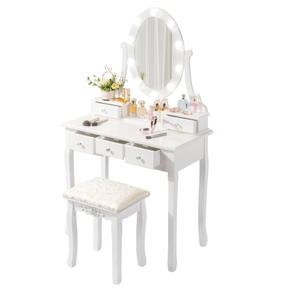 Tocador de Maquillaje con 10 Luces LED - Mesa de Vanity con 5 Cajones + Banco Acolchado - Juego Blanco para Dormitorio