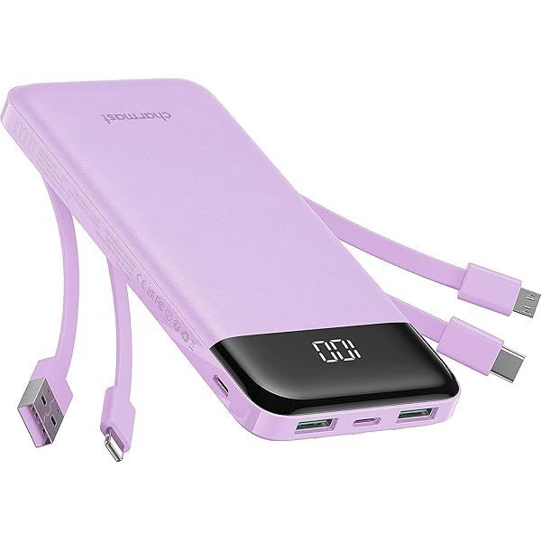 Portable Charger with Built in Cables, Portable Charger with Cords Wires Slim 10000mAh Travel Essentials Battery Pack 6 Outputs 3A High Speed Power Bank for iPhone Samsung Pixel LG Moto iPad A-Black