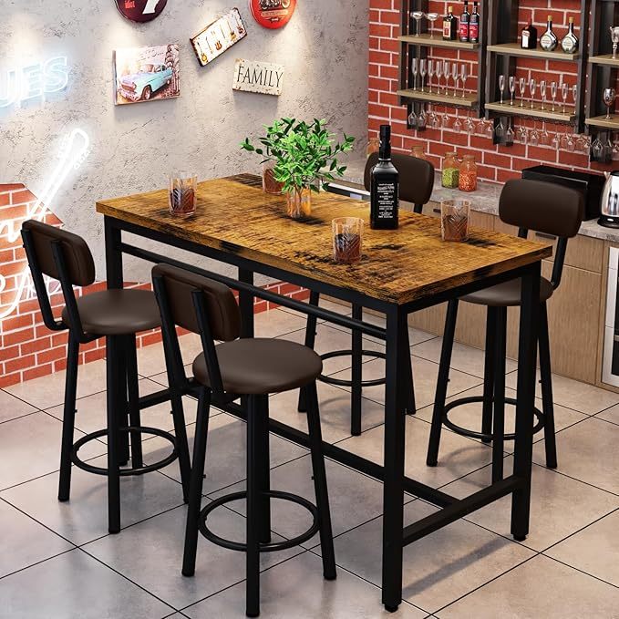 Juego de Mesa de Comedor para 4 Bar, Mesa de Cocina y sillas para 4 Personas, Mesa de Altura con 4 taburetes tapizados de Piel sintética, Mesa de Cena, Juego de Mesa de Desayuno para