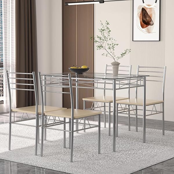 juego de mesa de comedor con mesa de vidrio para 4, Negro