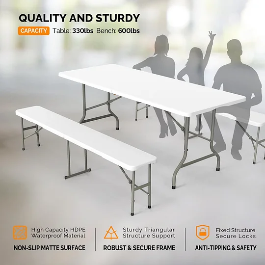 VINGLI Juego de mesa de picnic con 2 bancos, juego de sillas de mesa de camping de 6 pies, muebles plegables de 3 piezas para uso interior o exterior