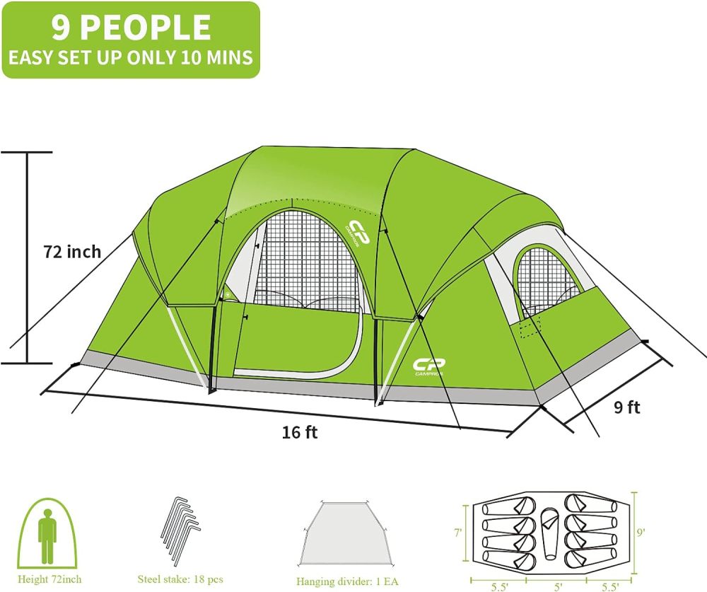CAMPROS CP - Tienda de campaña para 9 personas, resistente al agua para 2 habitaciones, con mosca superior, 4 ventanas de malla grandes, doble capa, fácil de instalar, portátil con bolsa de transporte