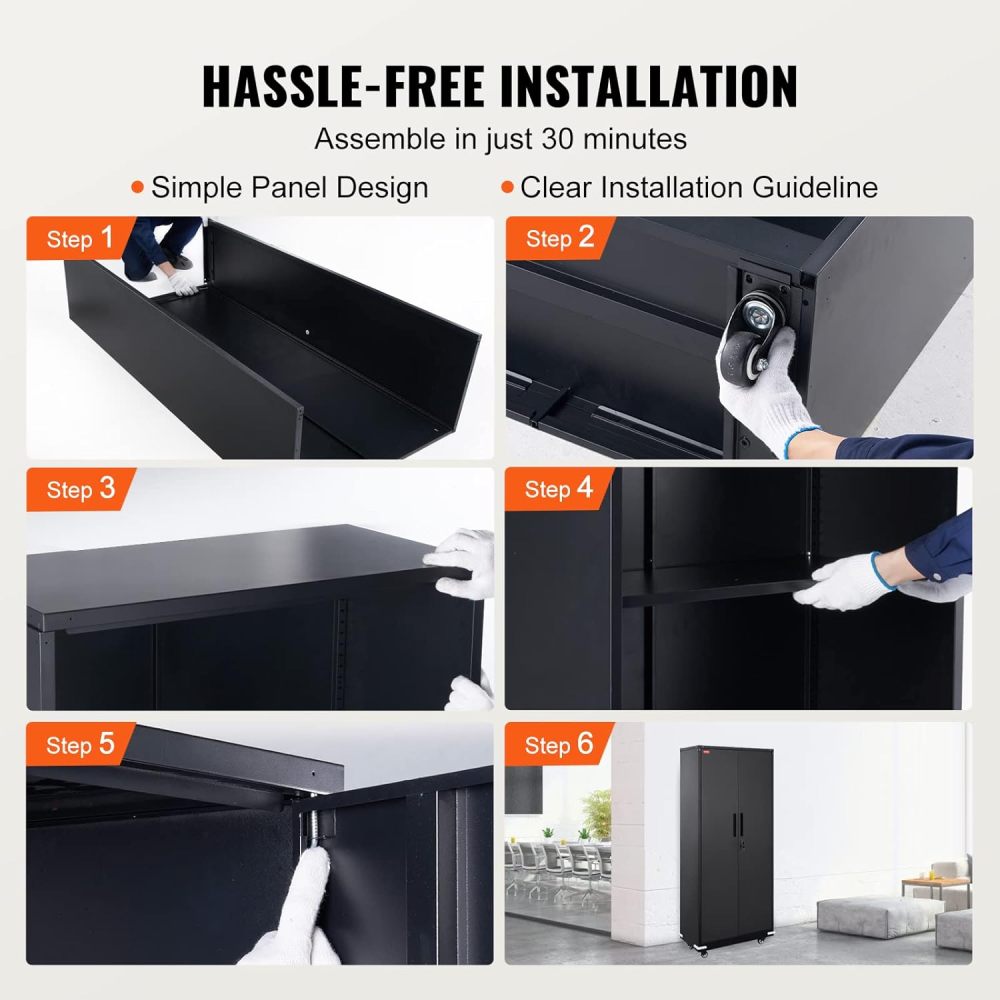 Metal Storage Cabinet with Wheels, 75'' Locking Steel Storage Cabinet with 2 Magnetic Doors and 4 Adjustable Shelves for Office, Garage, Home