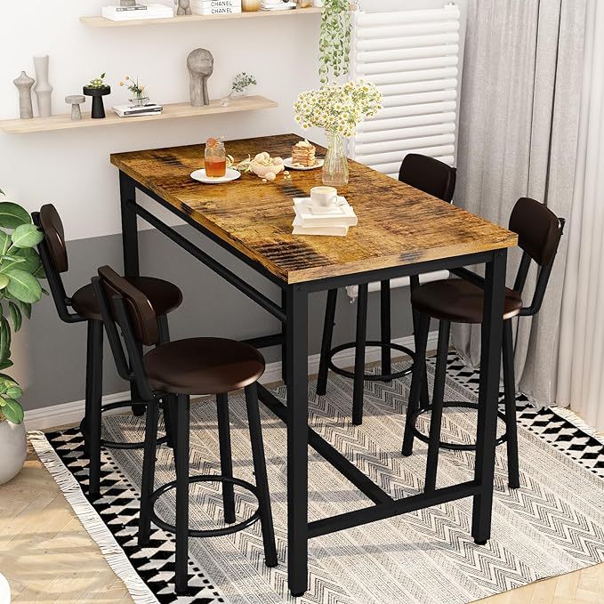 Juego de Mesa de Comedor para 4 Bar, Mesa de Cocina y sillas para 4 Personas, Mesa de Altura con 4 taburetes tapizados de Piel sintética, Mesa de Cena, Juego de Mesa de Desayuno para