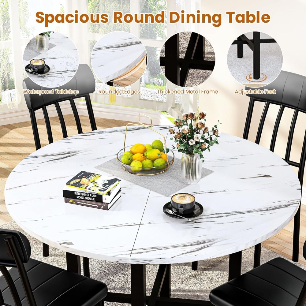 Juego de mesa de comedor redonda para 4, color blanco y negro