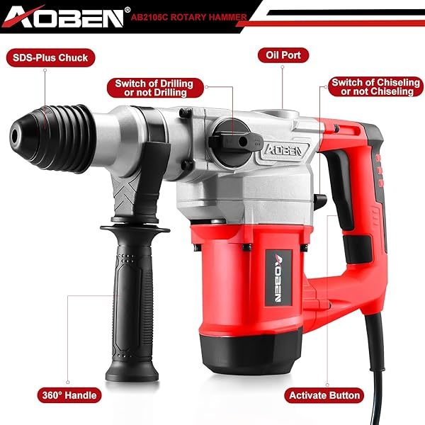 Taladro percutor rotativo con control de vibración y embrague de seguridad, martillo demoledor para hormigón, incluye 3 brocas, cinceles planos y puntiagudos, 13 amperios