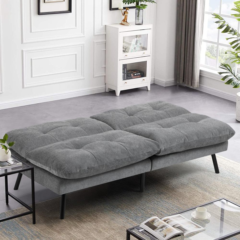 Sofá Cama de 2 Plazas, Sofá de Dos Usos Futon de Estilo Moderno, con Respaldo Doble Ajustable de 120 a 180 Grados, Salas de Estar y Dormitorios, Tela de Lino, Gris