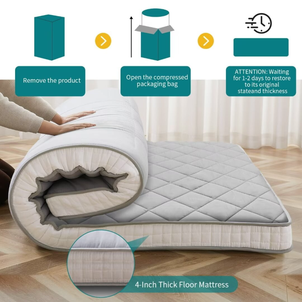 Colchón futón japonés de espuma viscoelástica plegable de 4 pulgadas, tamaño completo, gris (80 x 54 x 4 pulgadas)
