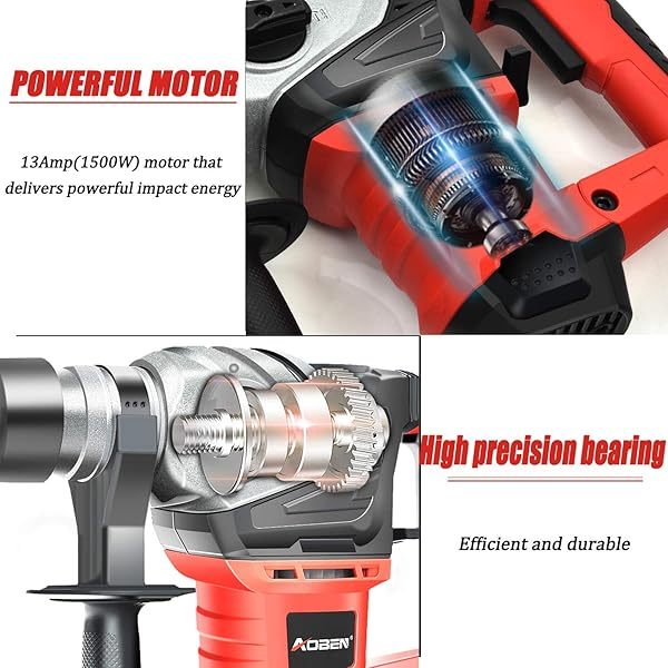 Taladro percutor rotativo con control de vibración y embrague de seguridad, martillo demoledor para hormigón, incluye 3 brocas, cinceles planos y puntiagudos, 13 amperios