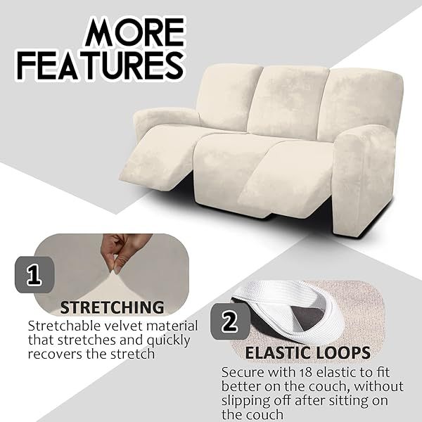 Fundas de sofá reclinables de terciopelo de 8 piezas, fundas elásticas para sofá reclinable de 3 cojines, fundas para sofá reclinable, muebles