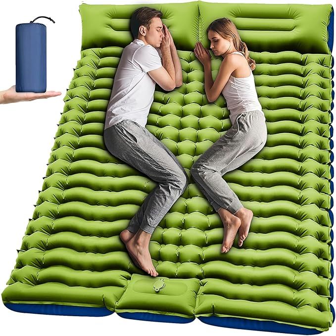 Almohadilla de dormir doble autoinflable de 4 pulgadas extra gruesa para 2 personas con almohada integrada con bomba de pie hinchable