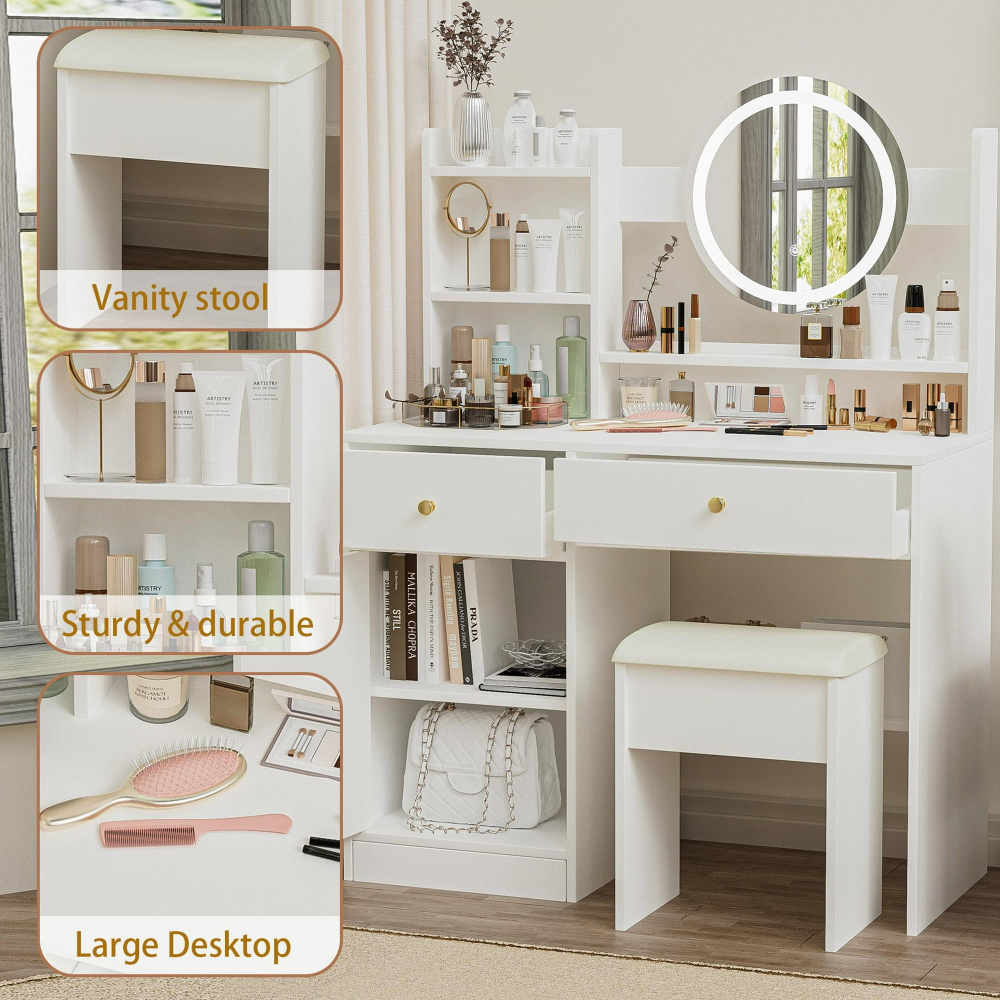 Juego de mesa de comedor para 4, mesa de comedor de 43,3" con 4 sillas tapizadas de cuero sintético, juego de tocador para maquillaje