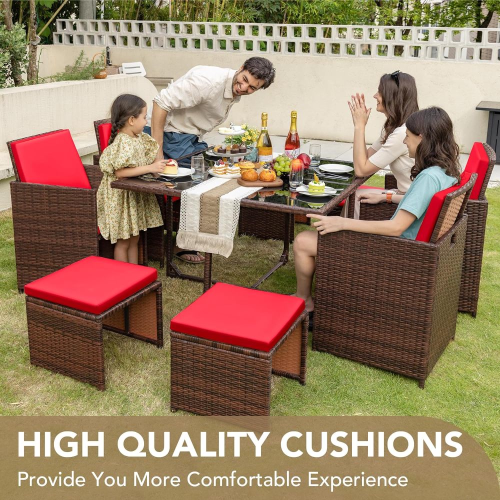 Devoko - Juego de 9 sillas de ratán para patio con mesa de vidrio y mesa de patio con asiento acolchado y parte trasera (beige)