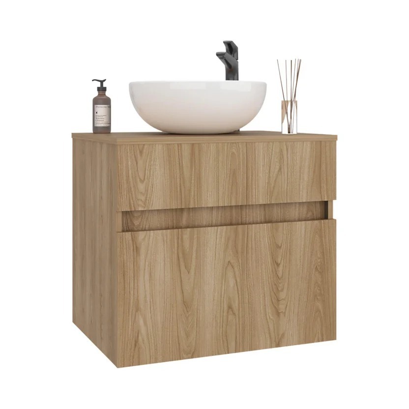 Combo Sanitario Cima, Mueble Palermo 60 Cm Fresno + Lavamanos Spazio Griferia Mate Black + Accesorios Negros