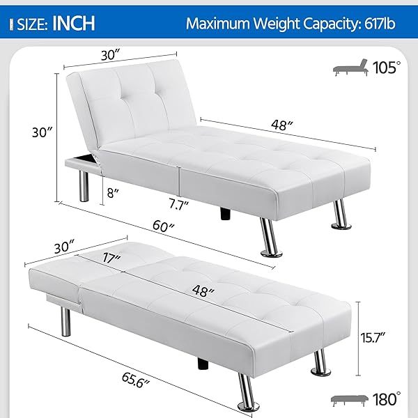 Sofá cama convertible de piel sintética, sofá futón, sofá reclinable moderno, sofá cama con patas de metal cromado