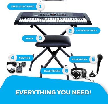 Piano eléctrico con 61 teclas, Teclado Musical con altavoces, audífonos, micrófono, soporte para piano, atril y taburete