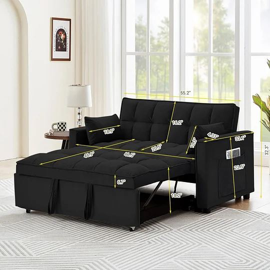 Sofá convertible de 55 pulgadas 3 en 1 sofá de terciopelo pequeño con cama extraíble, respaldo reclinable, almohadas y bolsillos, futón para sala de estar, departamento, oficina