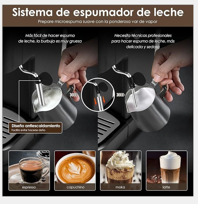 Máquina de Espresso y Capuchino 20 Bares, Cafetera Cápsulas y Café Molido con Espumador de Leche (ESS2)