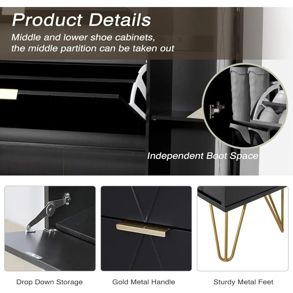 Shoes Storage Cabinet with 3 Flip Drawers & Boot Rack,Freestanding Modern Shoes Organizer with Metal Legs, Black Entryway Shoe
