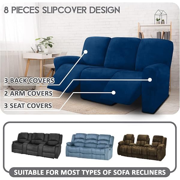 Fundas de sofá reclinables de terciopelo de 8 piezas, fundas elásticas para sofá reclinable de 3 cojines, fundas para sofá reclinable, muebles